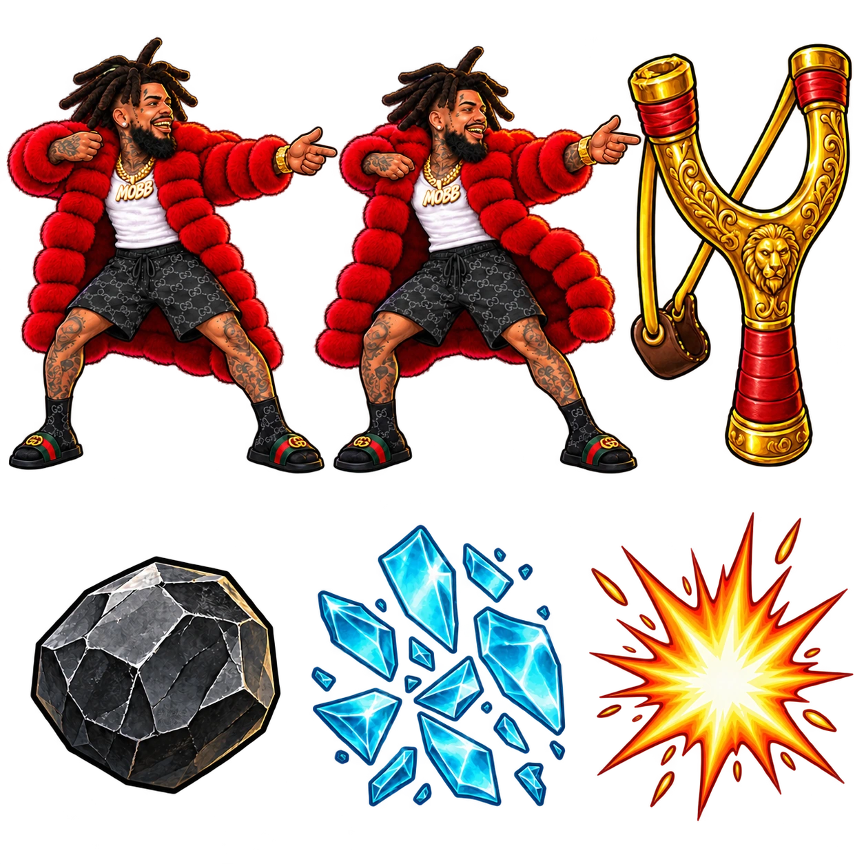 Rohni aiming and releasing, gold launcher, rock, broken glass and impact flash