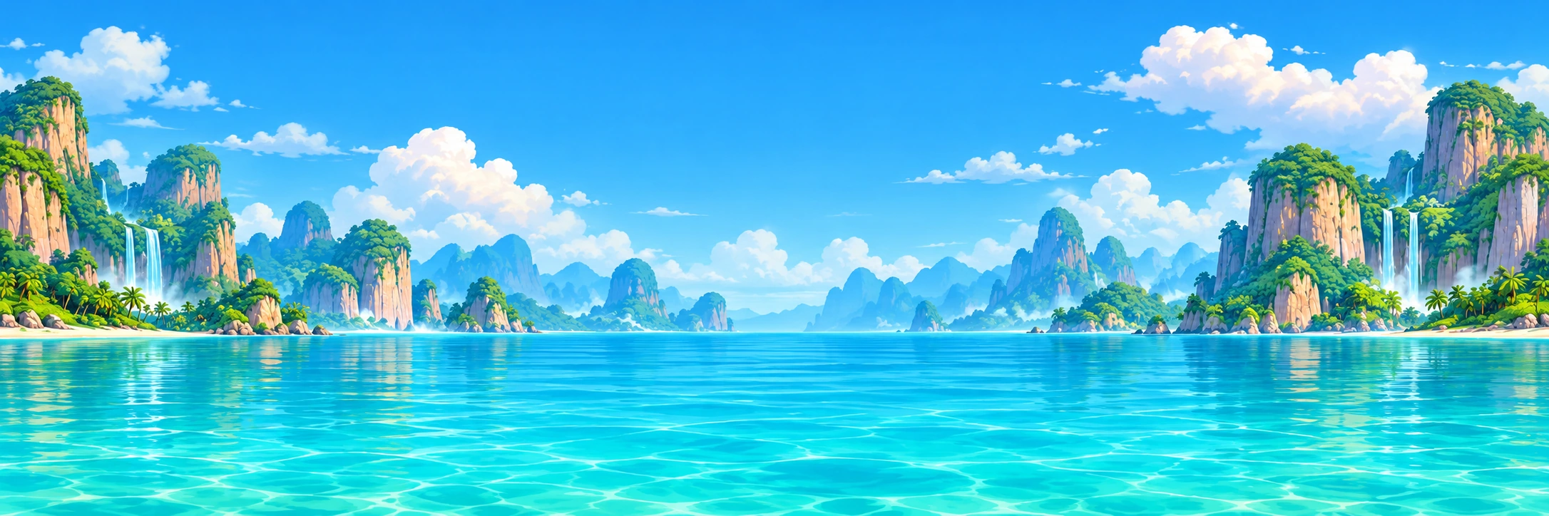 Wide tropical lagoon rear scenery with distant limestone islands and waterfalls