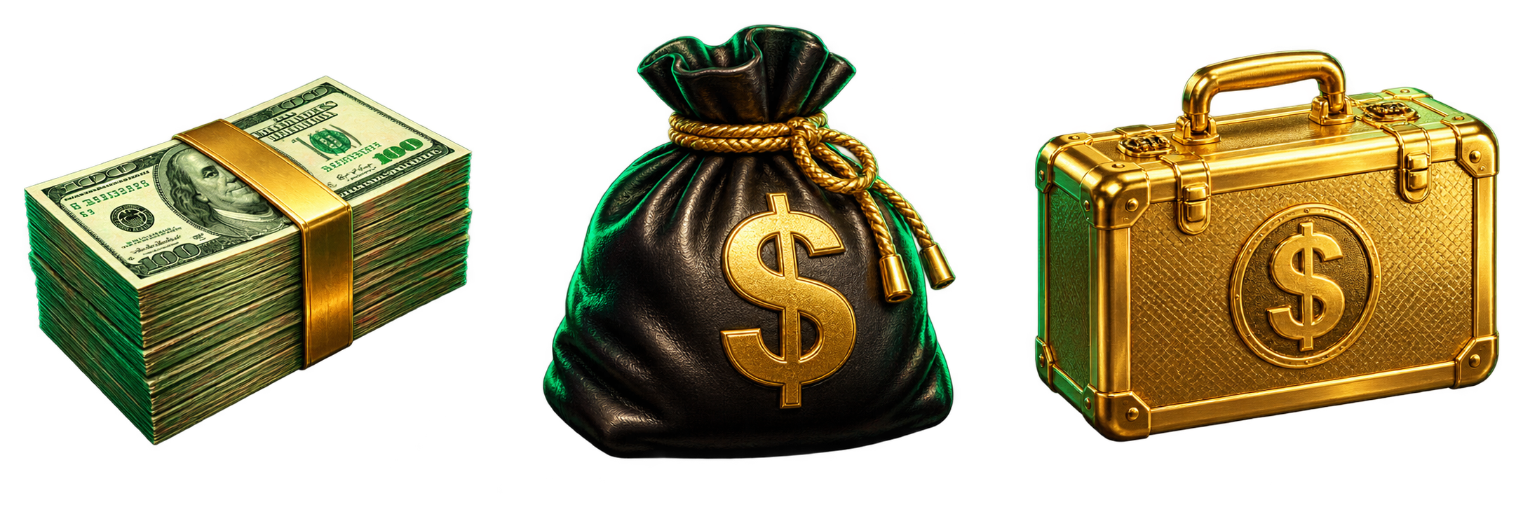 Cash stack, money bag and briefcase